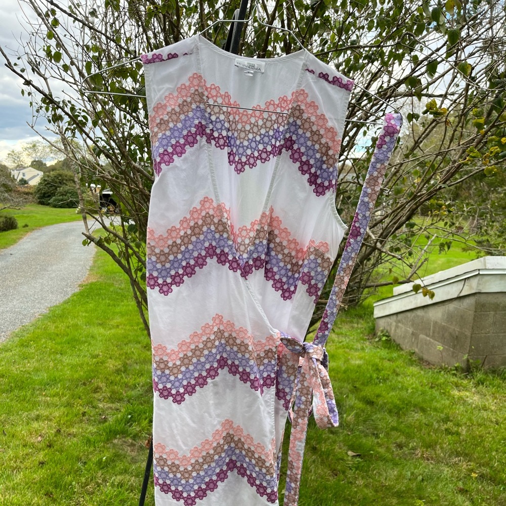 Miguelina White Mini Dress with Purple and Pink Chevron Embroidery
